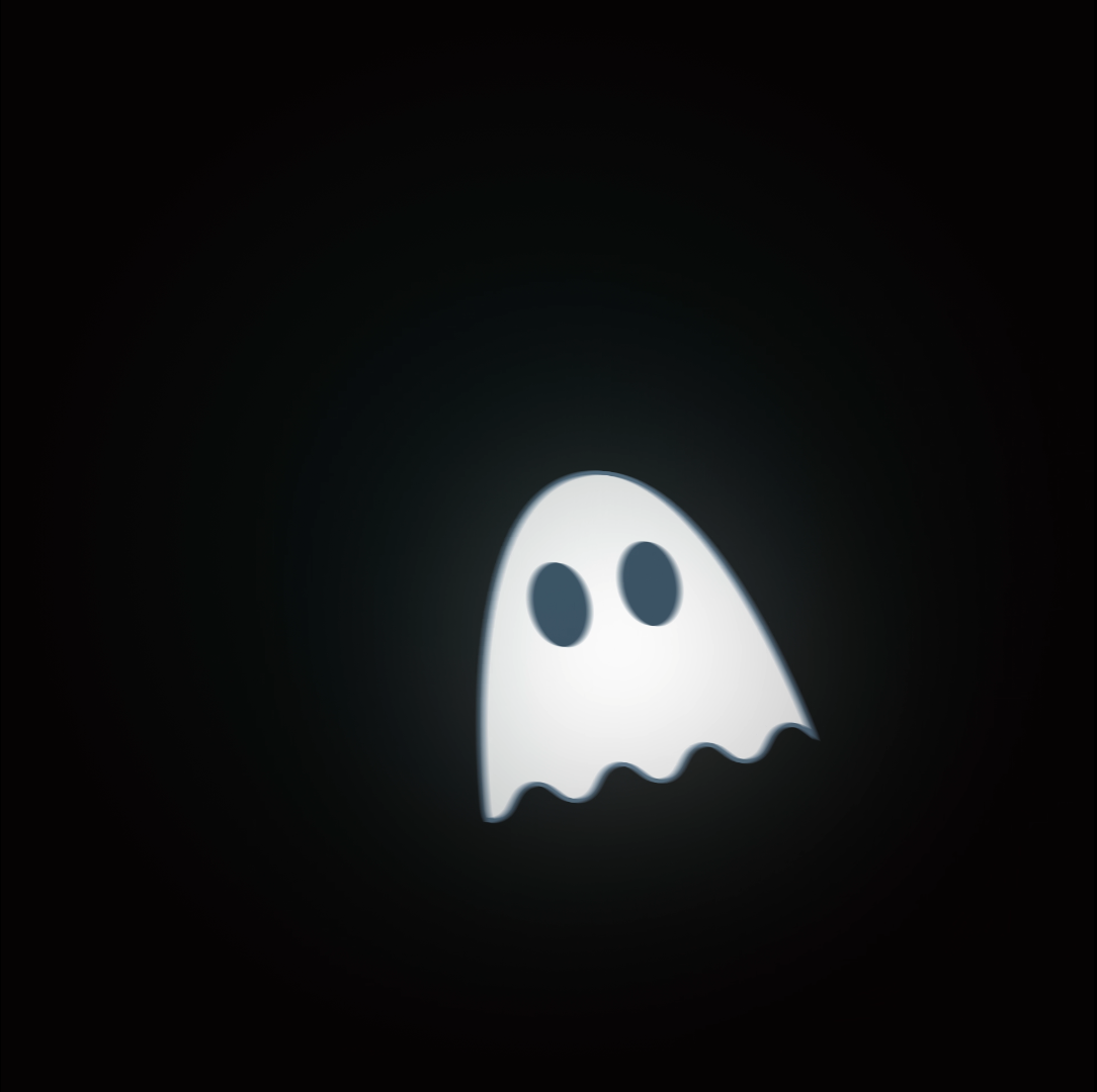 Sobre um fundo preto surge a ilustração estilizada de um fantasma com um pano branco e olhos redondos escuros.